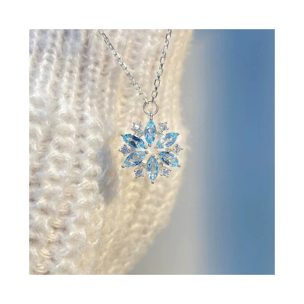 Simulated Topaz Aquamarine Snowflake Blue Crystal Collarbone Necklace Micro-Setting Copper Natural Style Elegant