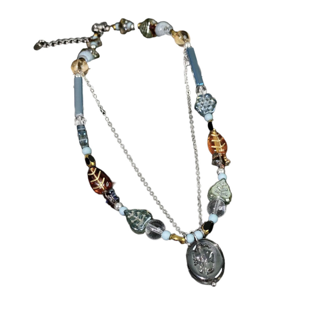 Colorful Beaded Necklace Metal Butterfly Pendant-antique beads