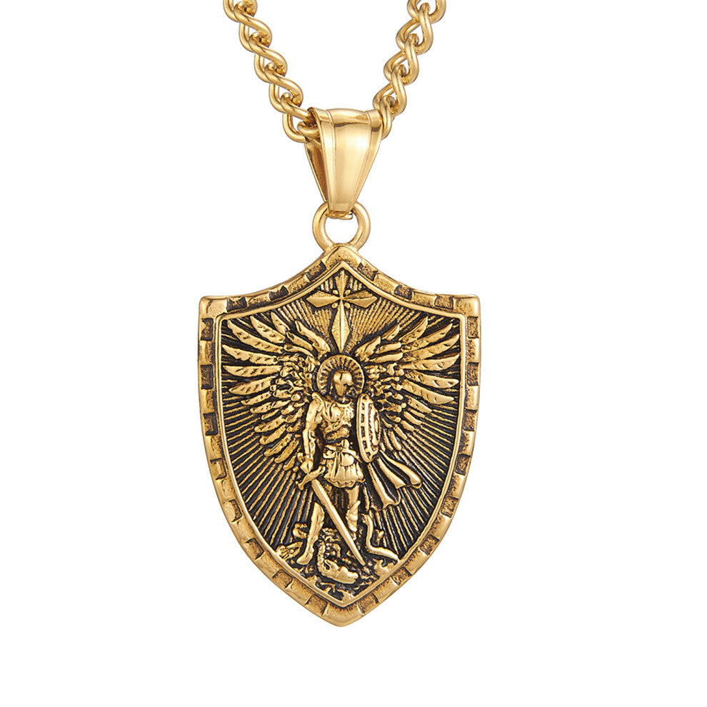 Sturdy Stainless Steel Necklace with Angel Shield Pendant-Gold