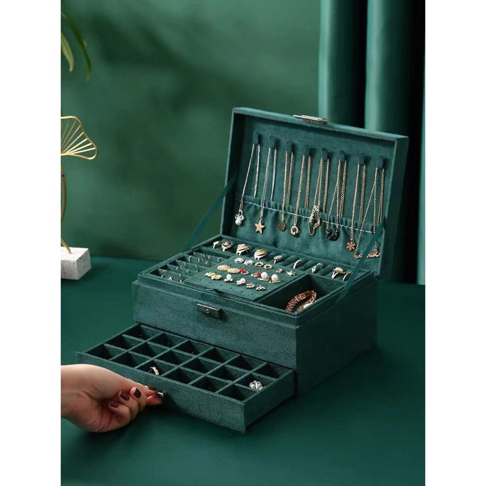 Three Large Layer Jewellery Organize Storage Necklace Box Advanced Elegant Green