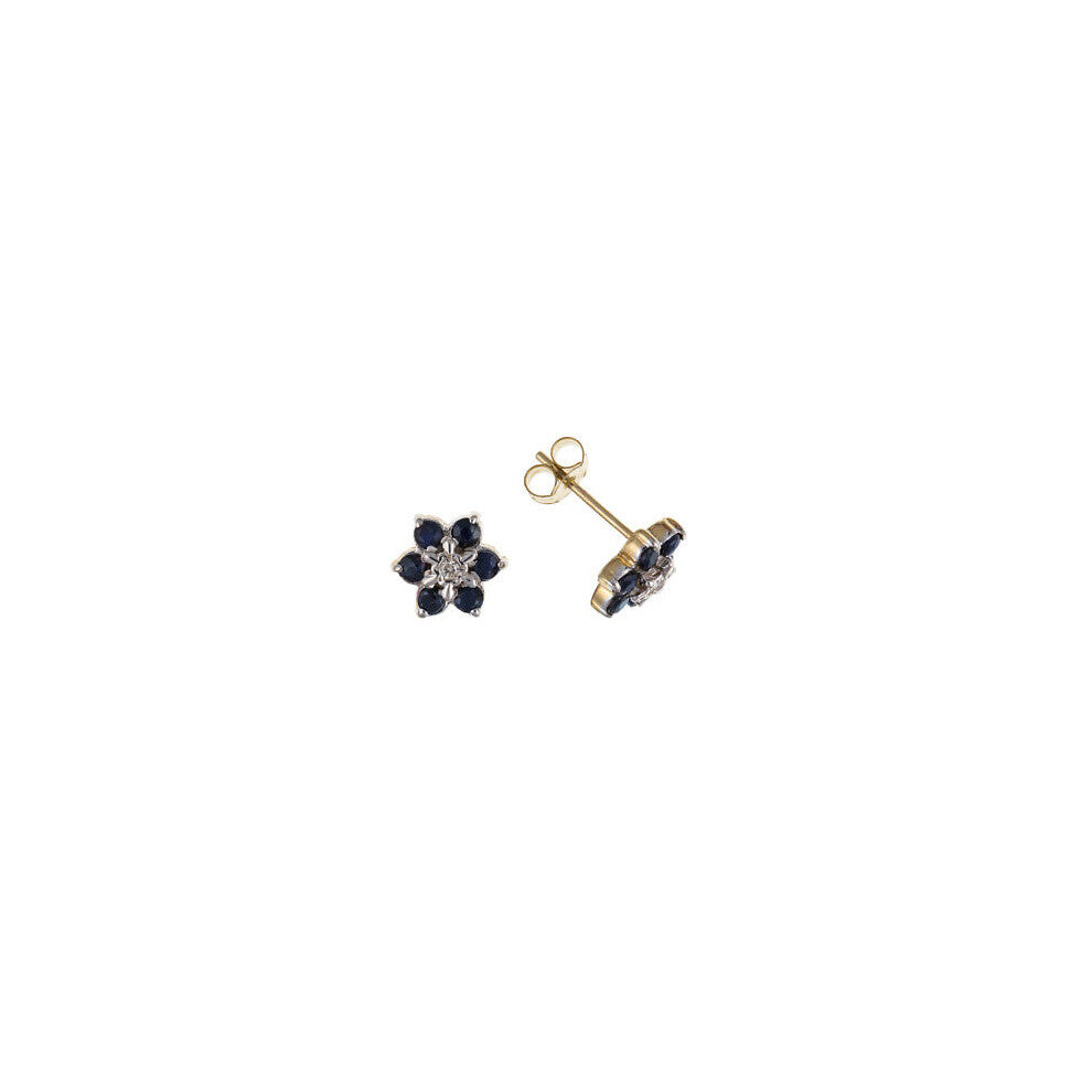 Sapphire and Diamond Earrings Yellow Gold Cluster Stud Natural Stones Hallmarked