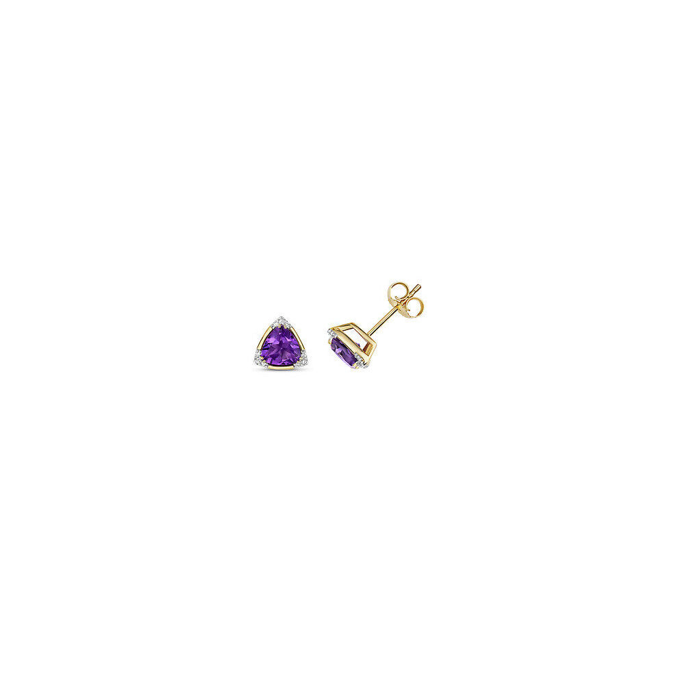 Amethyst & Diamond Trillion Stud Earrings 9ct Yellow Gold Studs