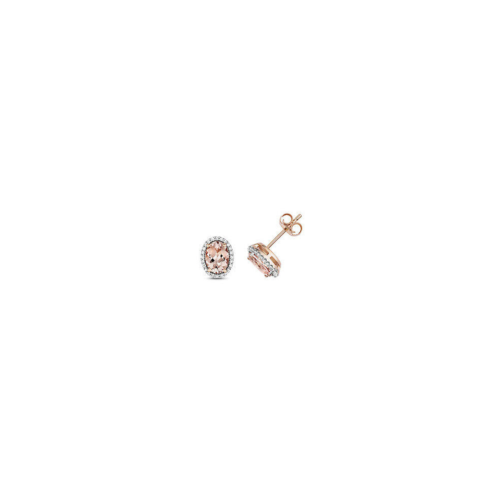 9ct Rose Gold Morganite and Diamond Earrings Oval Stud