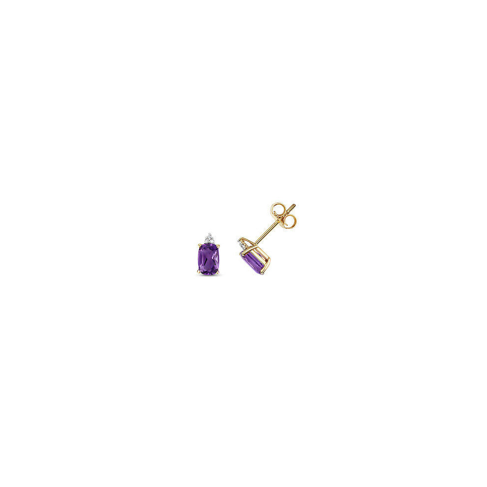 Amethyst & Diamond Cushion Stud Earrings Yellow Gold Studs