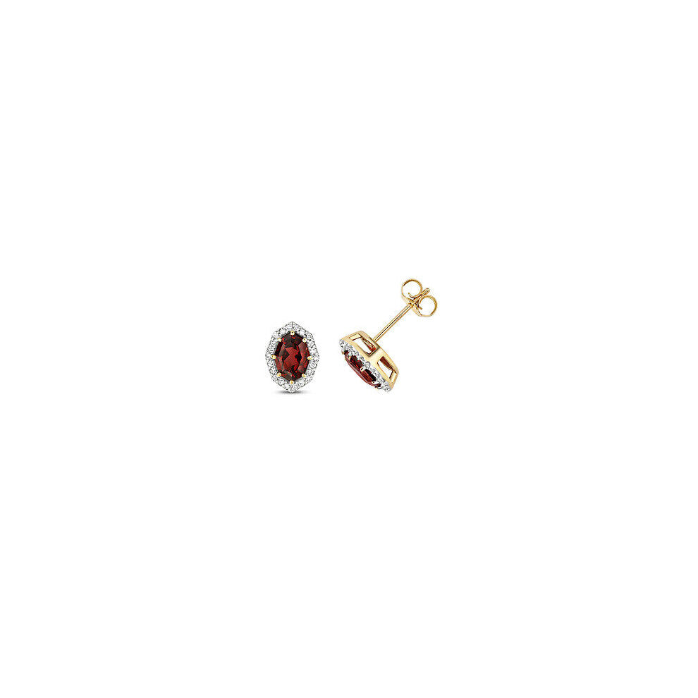 Garnet & Diamond Oval Stud Earrings 9ct Yellow Gold Studs