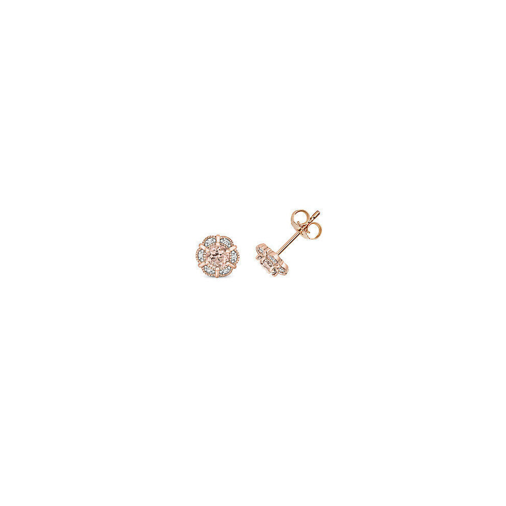 Morganite & Diamond Round Flower Stud Earrings 9ct Rose Gold Studs