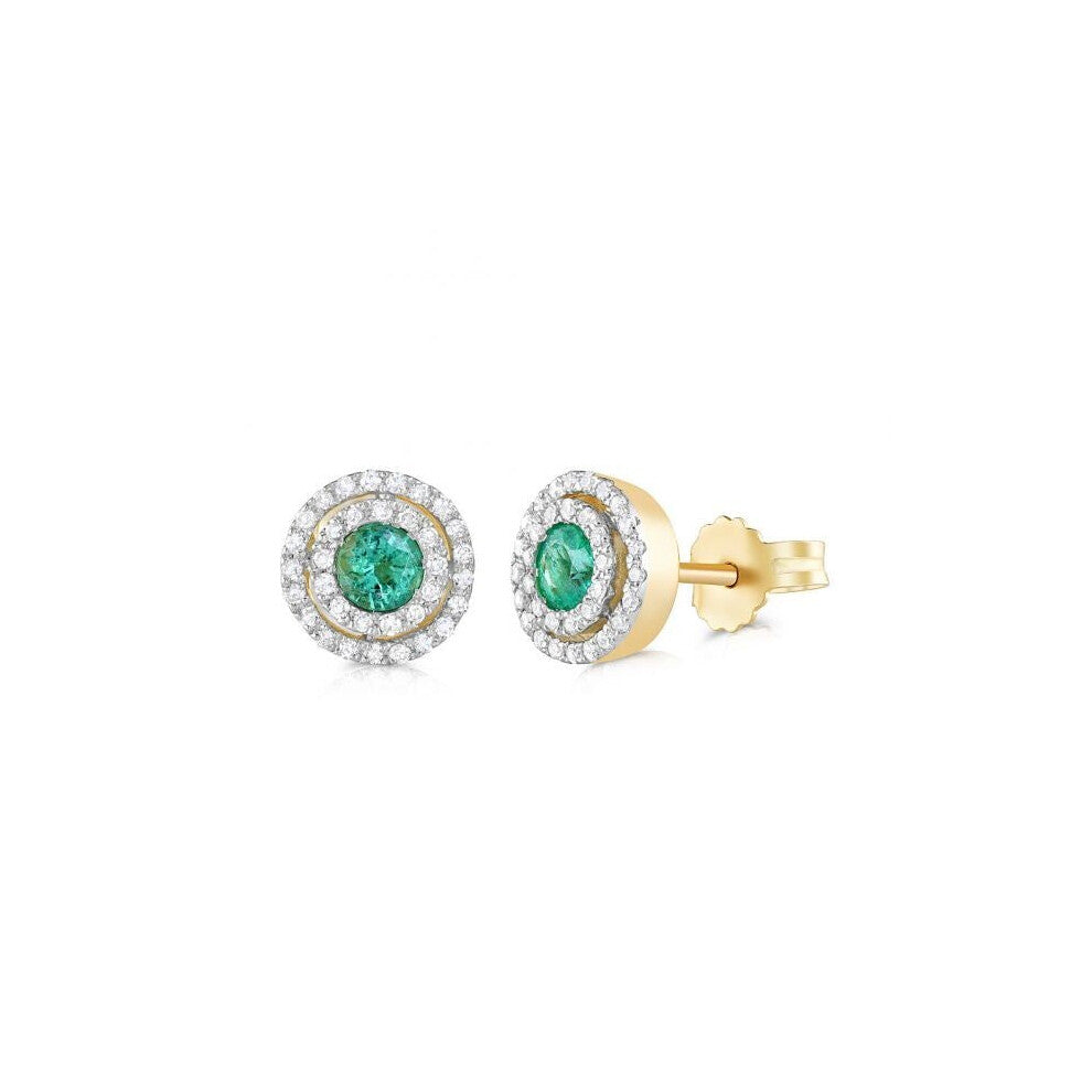 9ct Yellow Gold Emerald and 0.25ct Diamond Stud Earrings Double Halo Hallmarked
