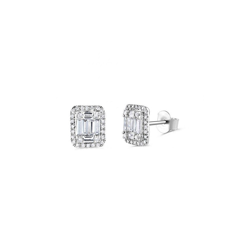 18ct White Gold 0.65ct Baguette & Brilliant Cut Diamond Rectangle Halo Earrings