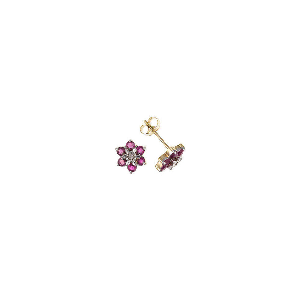 Ruby and Diamond Earrings Cluster Stud Yellow Gold Hallmarked Natural Stones