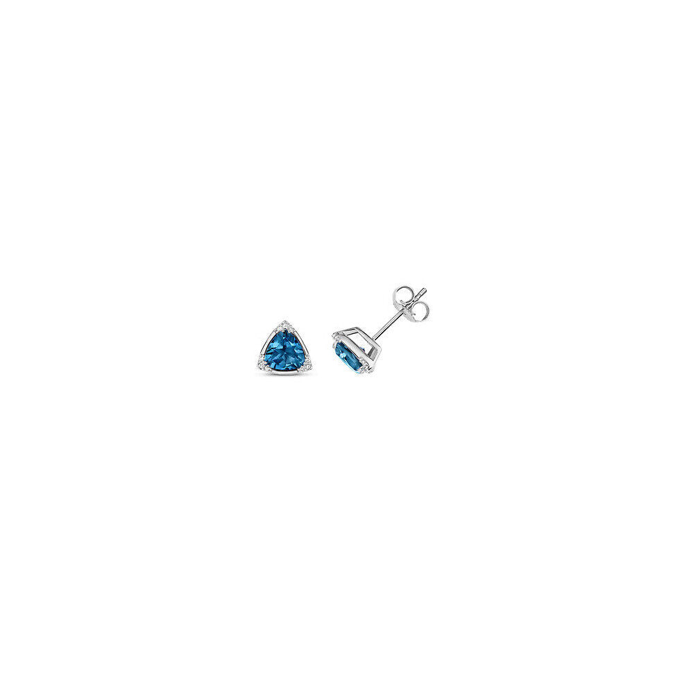 London Blue Topaz & Diamond Trillion Stud Earrings 9ct White Gold Studs.