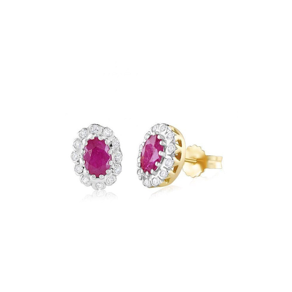 9ct Yellow Gold Ruby and 0.20ct Diamond Oval Stud Earrings 10 x 7.6mm