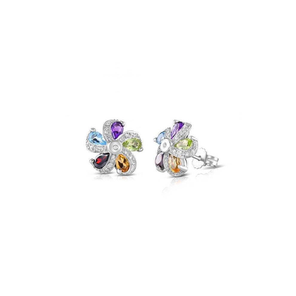 Multi Colour Gems and Diamond Flower Cluster Earrings 9ct White Gold 12.6mm