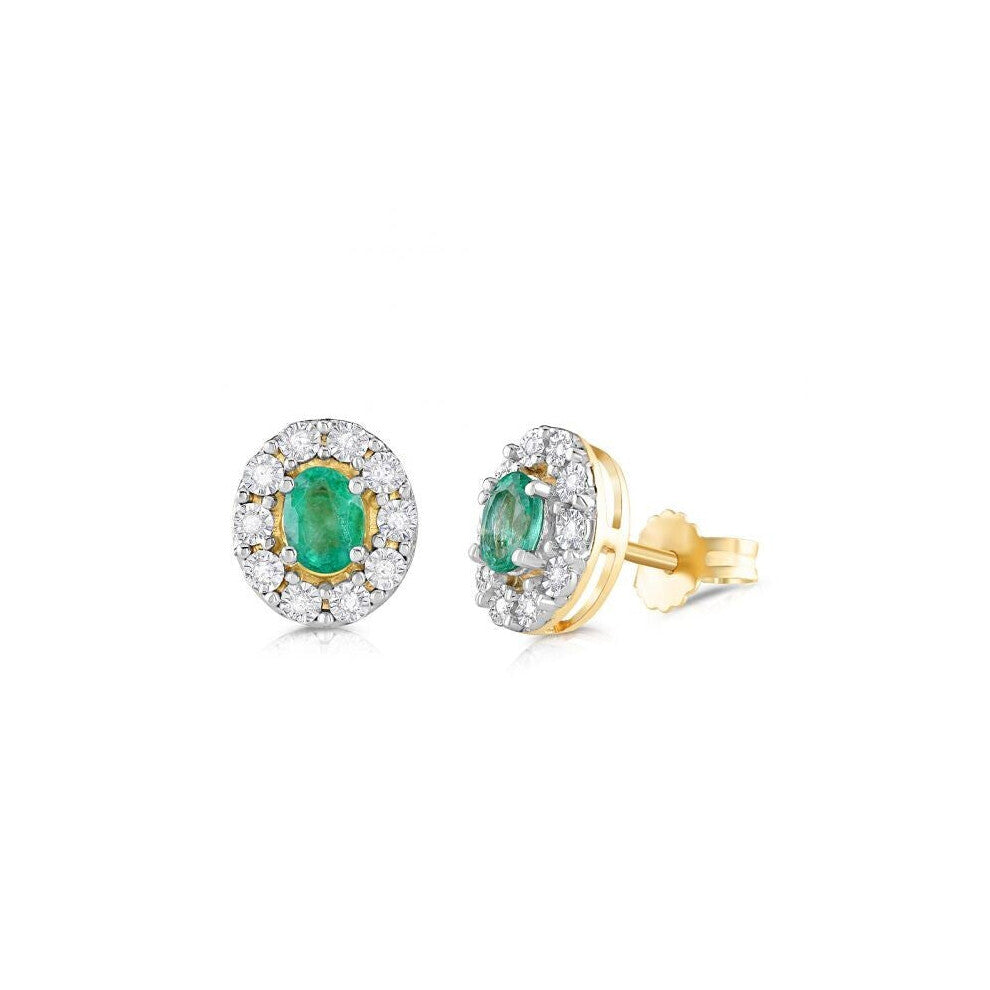 9ct Yellow Gold Emerald and Diamond Oval Stud Earrings Hallmarked