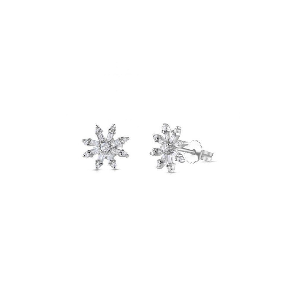 9ct White Gold Snowflake 0.35ct Diamond Studs Earrings Hallmarked - 10mm