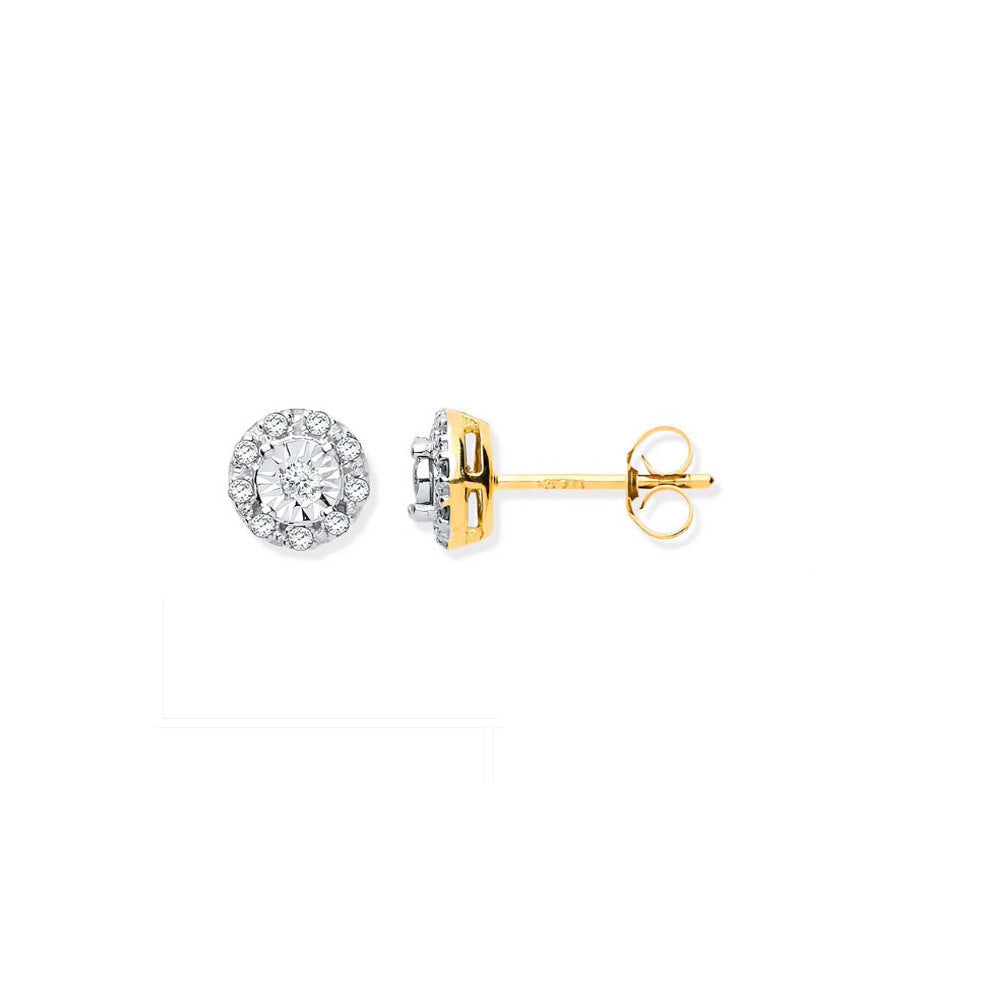 9ct Yellow Gold 0.13ct Diamond Stud Earrings Hallmarked - 7mm
