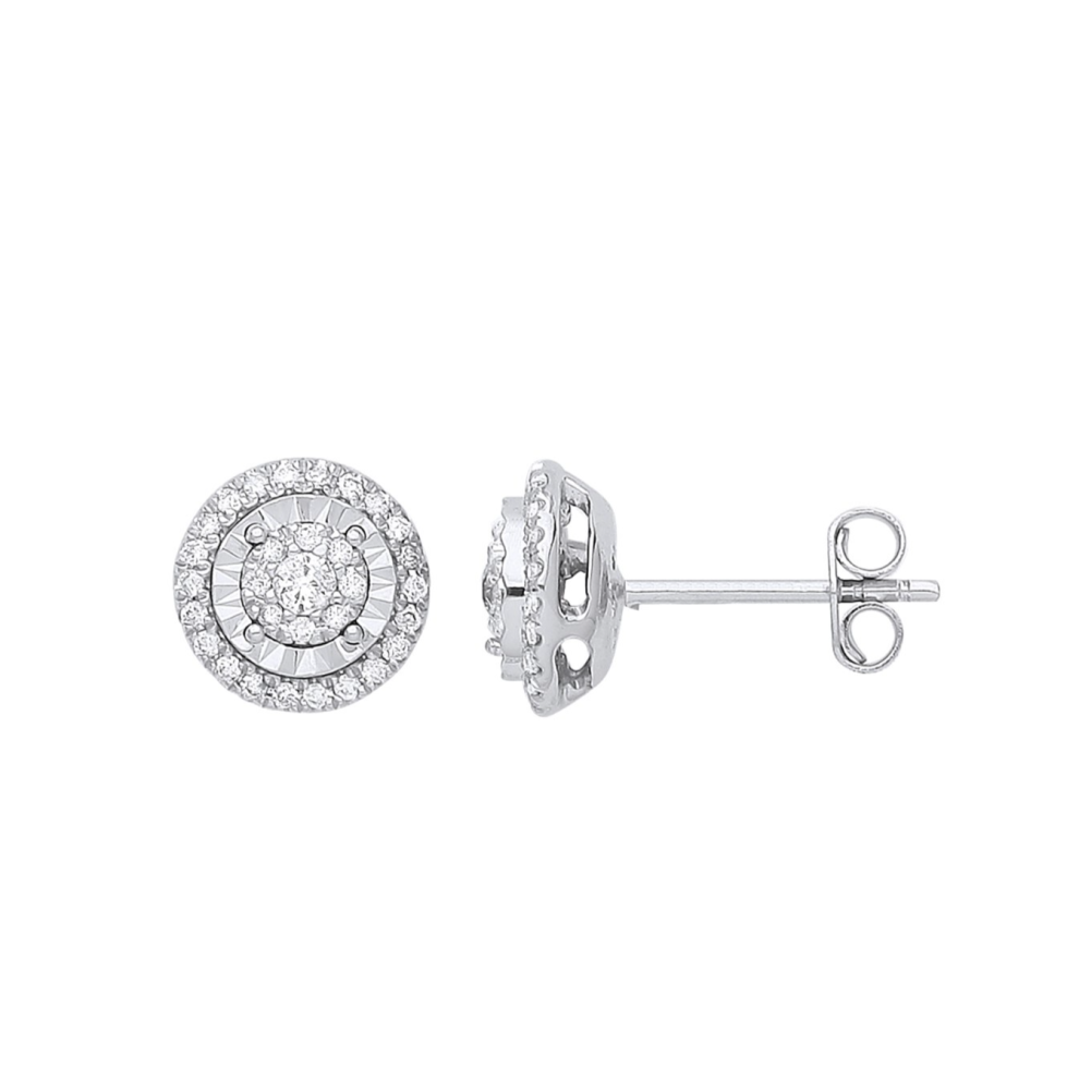 9ct White Gold Multi Circles Stud Diamond 0.36ctw Earrings Hallmarked - 9mm