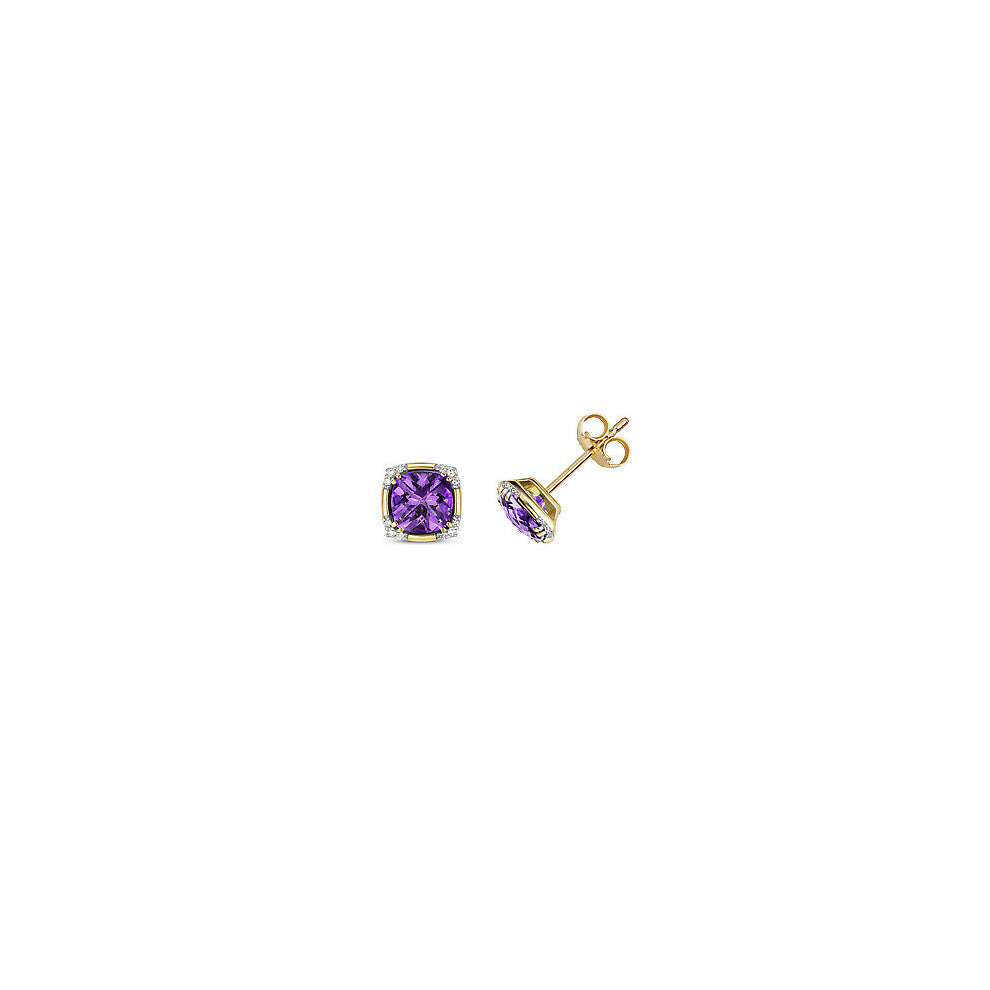 Amethyst & Diamond Cushion Square  Stud Earrings 9ct Yellow Gold Studs
