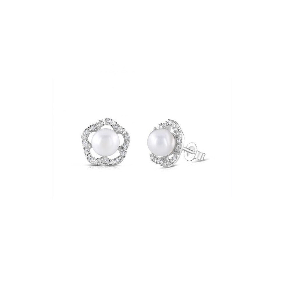 Freshwater Pearl  and Diamond Flower Earrings 9ct White Gold 11mm Diameter