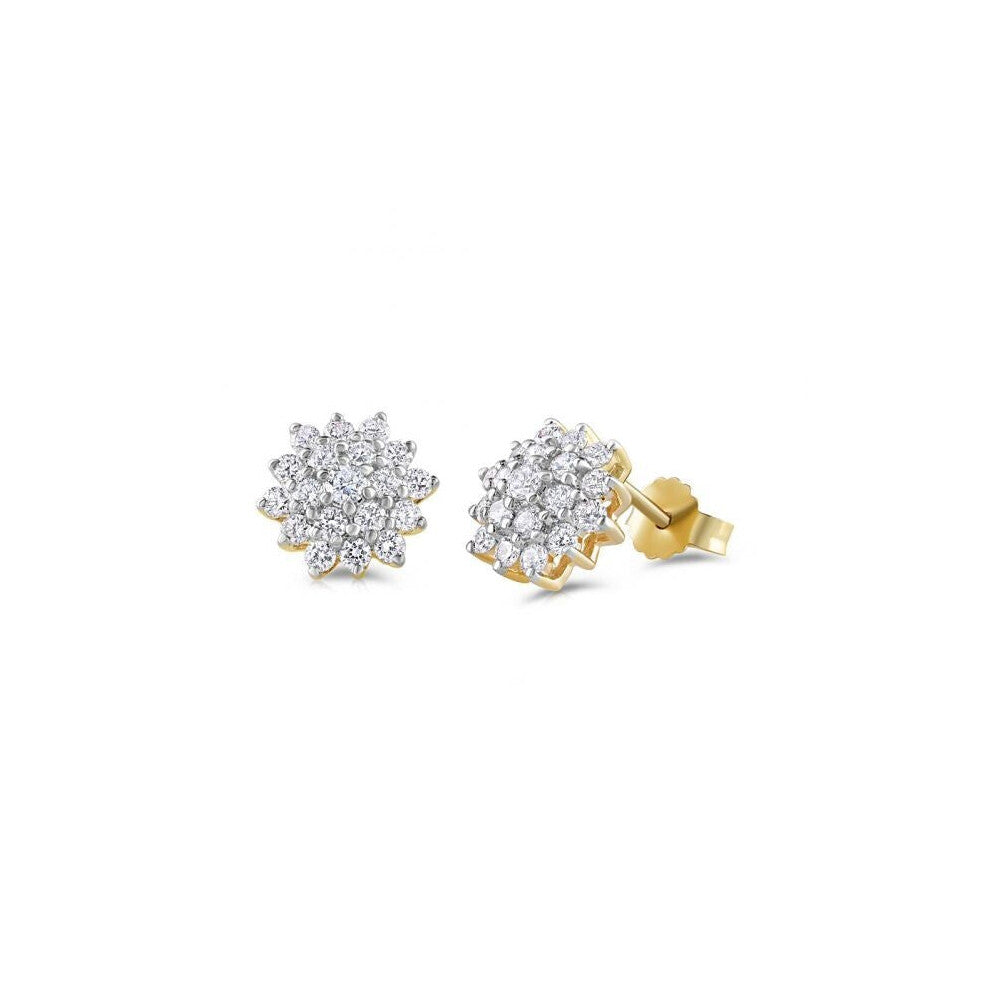 9ct Yellow Gold 1.00ct Diamond Cluster Stud Earrings Hallmarked - 10mm