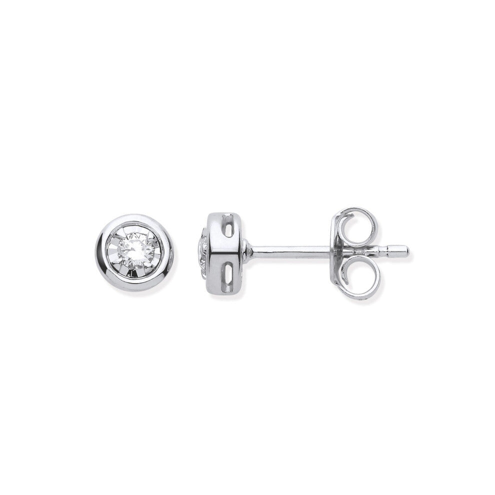 9ct White Gold Rub-Over Illusion Set 0.10ctw Diamond Studs Made in London