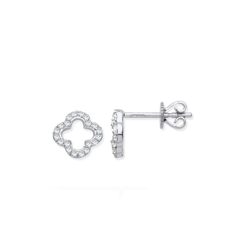 9ct White Gold 0.19ctw Four-Leaf clover Diamond Studs Hallmarked - 8mm