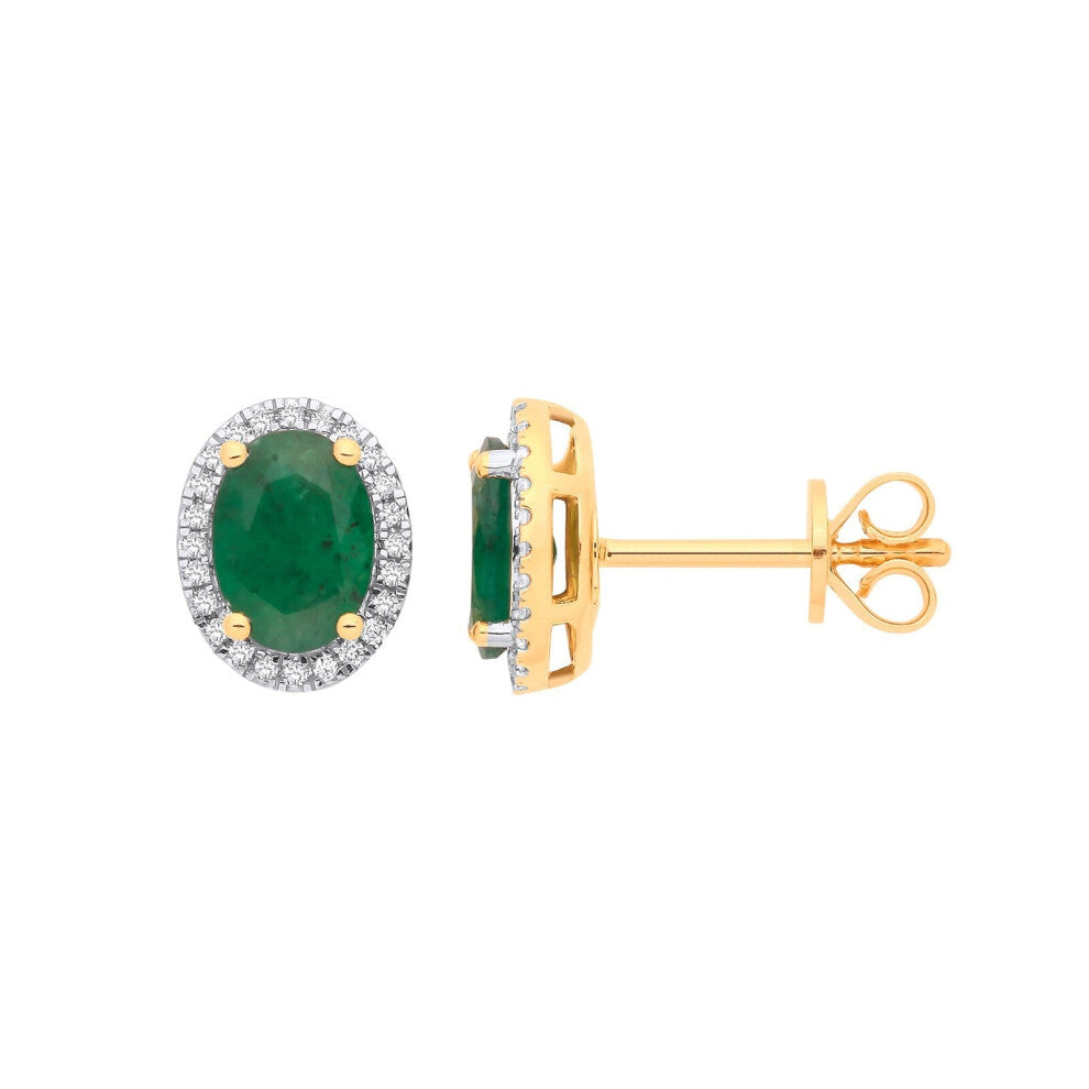 18ct Yellow Gold Emerald and Diamond Oval Earrings Made in London 9.2 x 7.5mm