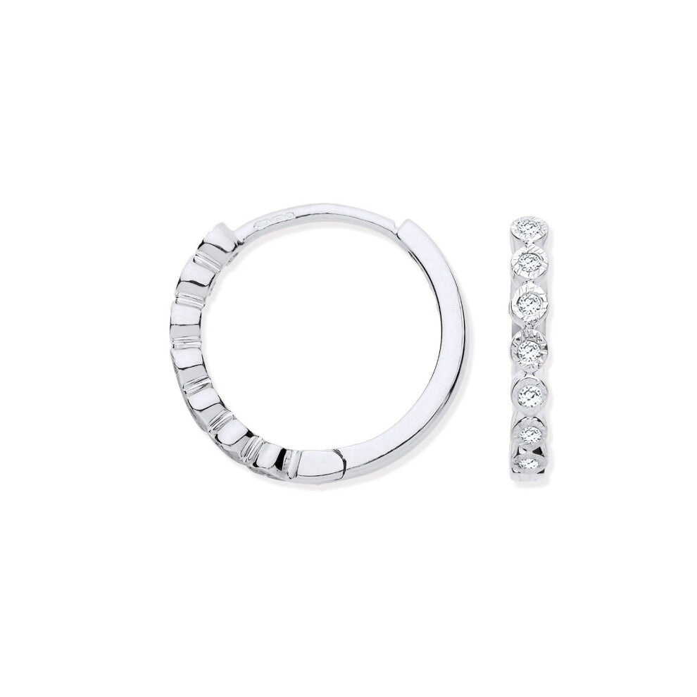 9ct White Gold Round 0.10ctw Diamond Hoops Hallmarked 15mm Diameter