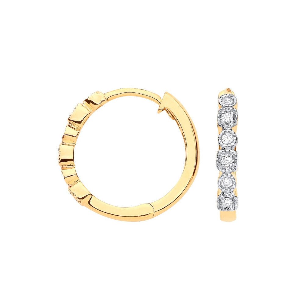 9ct Yellow Gold Round 0.10ctw Diamond Hoops Hallmarked 16mm Diameter
