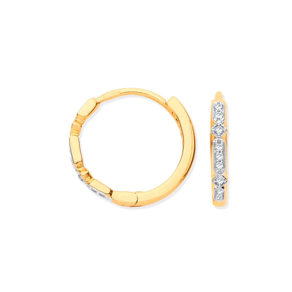 9ct Yellow Gold Round 0.08ctw Diamond Hoops Hallmarked 16mm Diameter