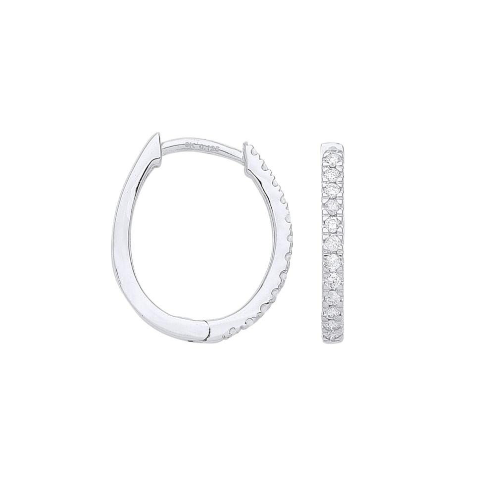 9ct White Gold 0.25ct Diamond Oval Huggie Hoop Earrings - 16.7 x 14mm