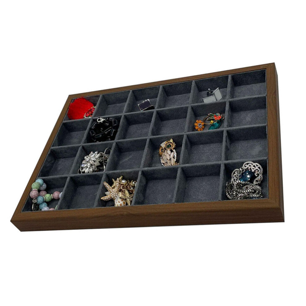 Multifunctional Jewelry Display Tray, 24 Grids, Grey Suede & Walnut Grain Wood