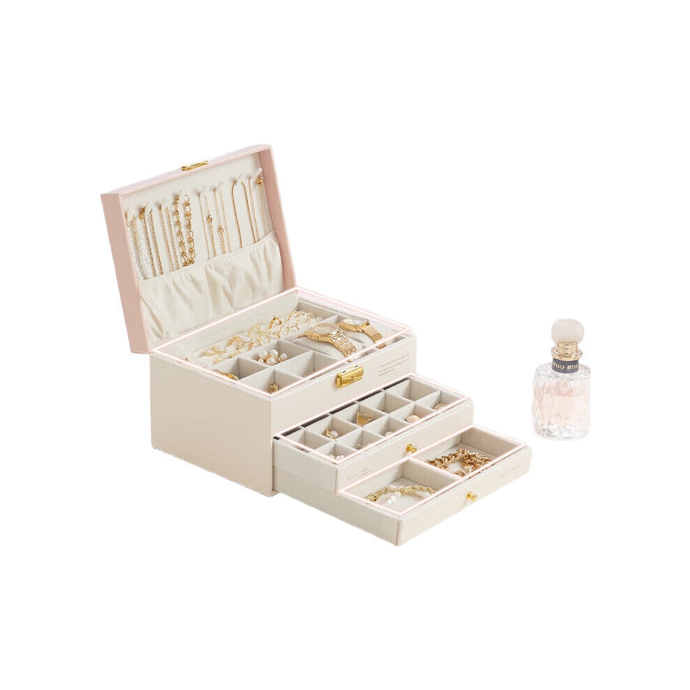 Jewelry Storage Box with Lock 3-Layer Apricot Jewelry Organizer for Necklaces Earrings High-End Accessories