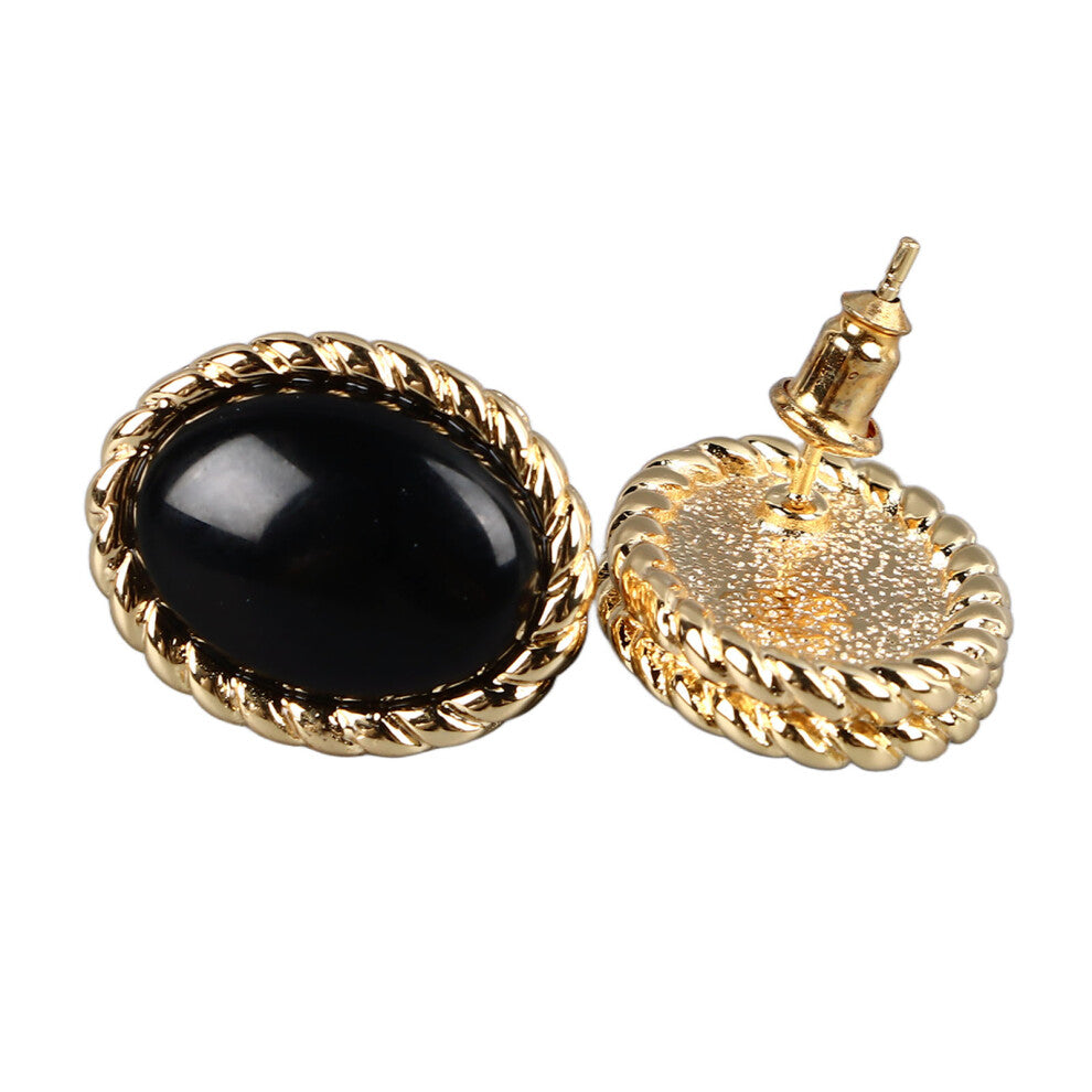 Women's Black Agate Ear Studs with Copper Finish and 18k Gold Touch