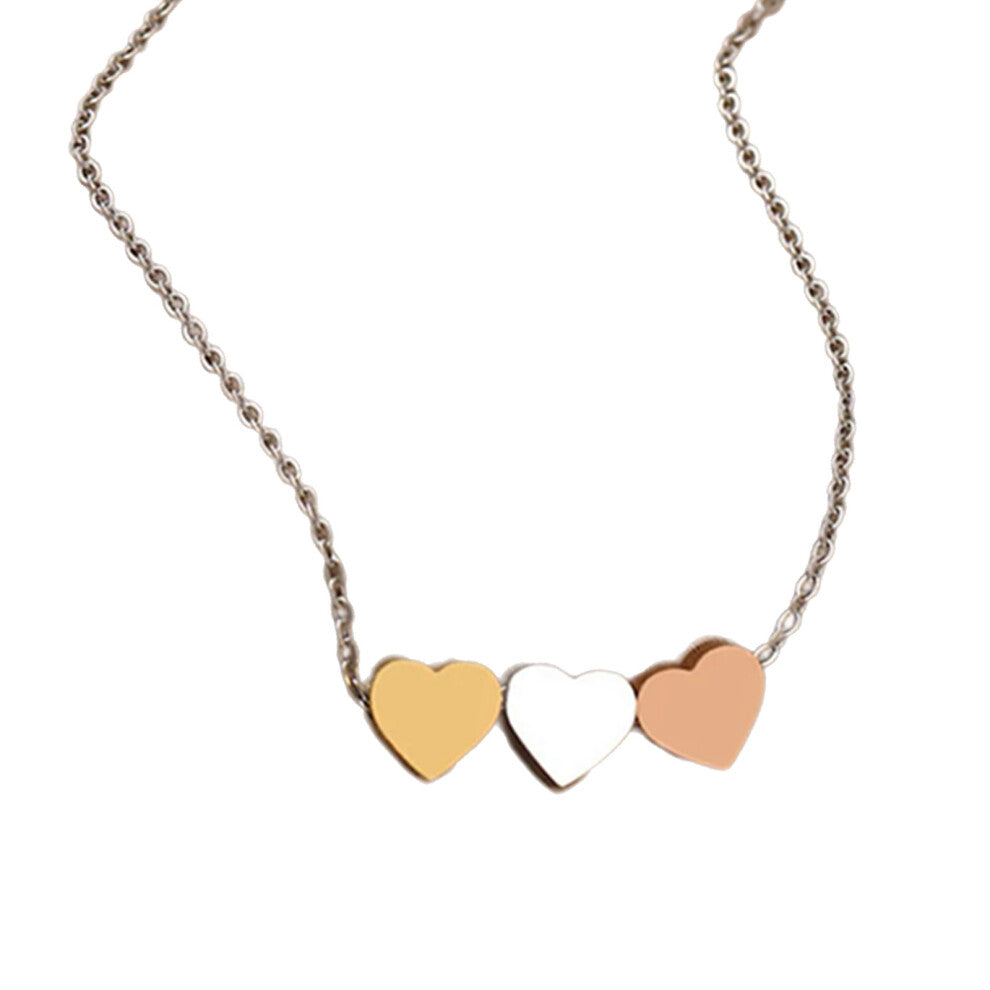 Simple Love Pendant Neckchain 3 Hearts Choker Necklace-Silver