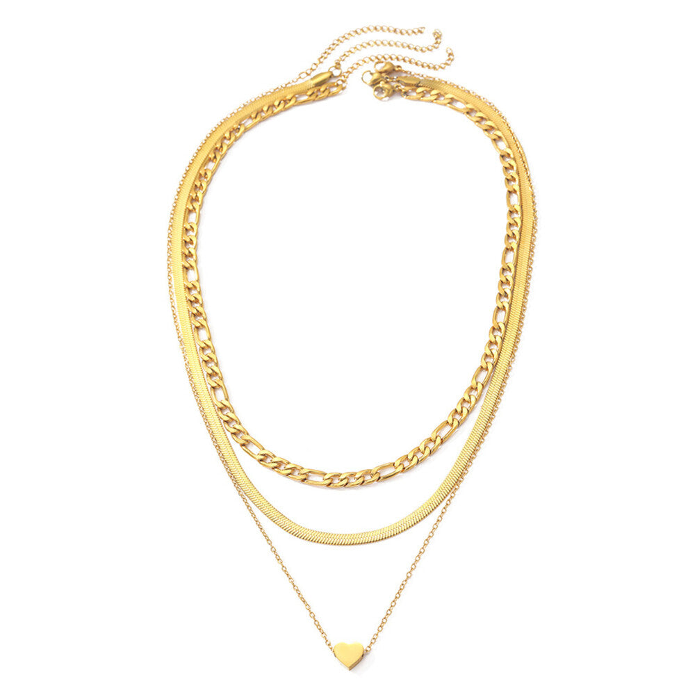3pcs Contemporary Layered Necklace Heart Pendant-Gold-color