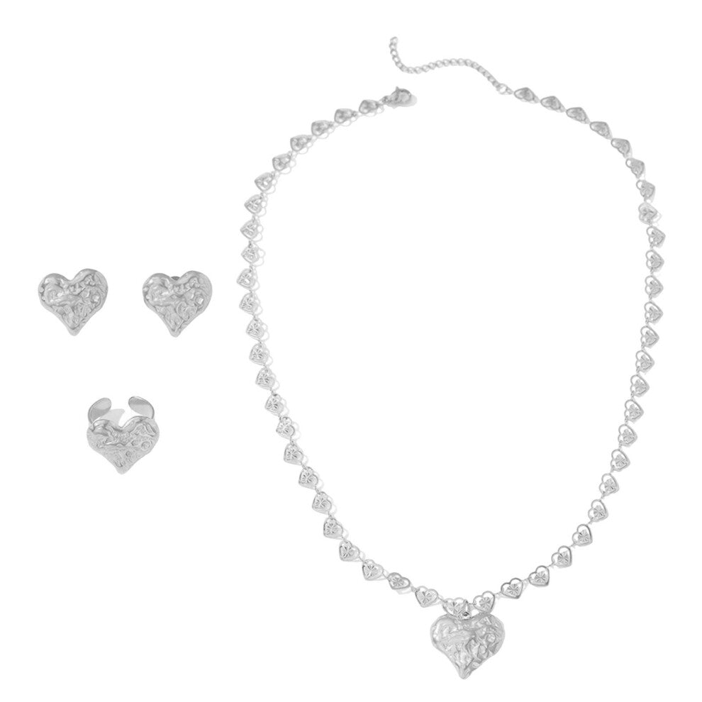 Elegant Sandstone Texture Heart Earrings Rings Necklace-Silver