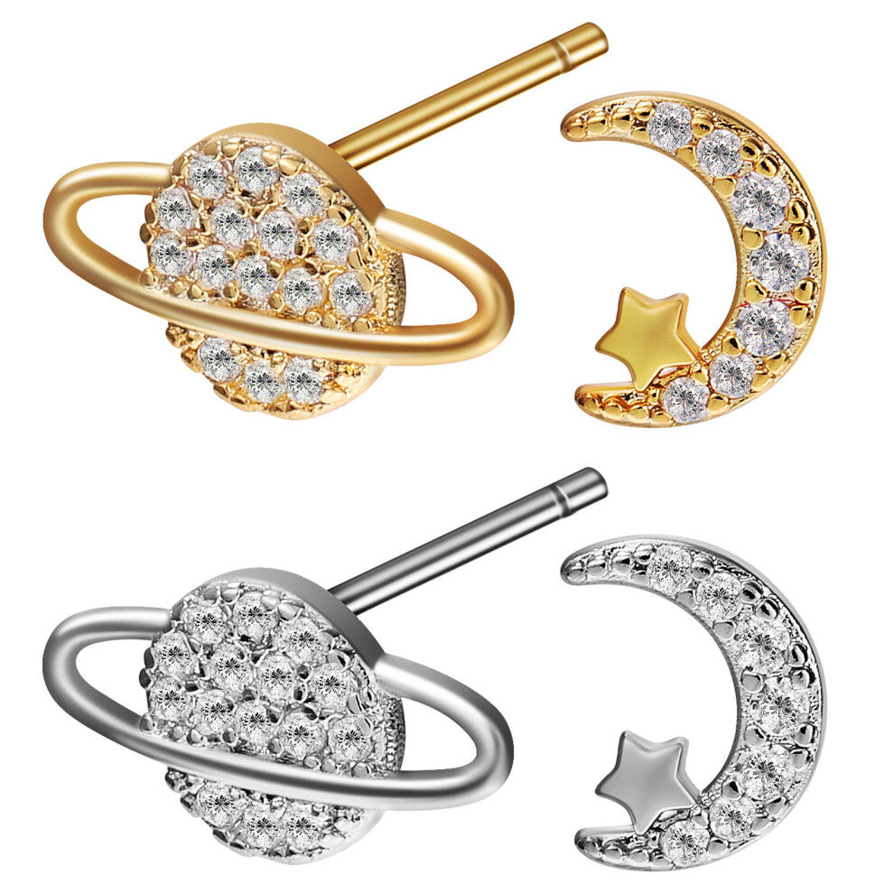 2 Pairs Asymmetrical Moon Stud Earrings Women Girls