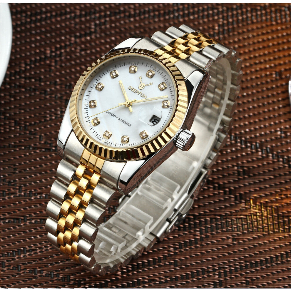 (A golden-white shell surface) Water-steel bracelet non-mechanical business neutral popular shell dial watches