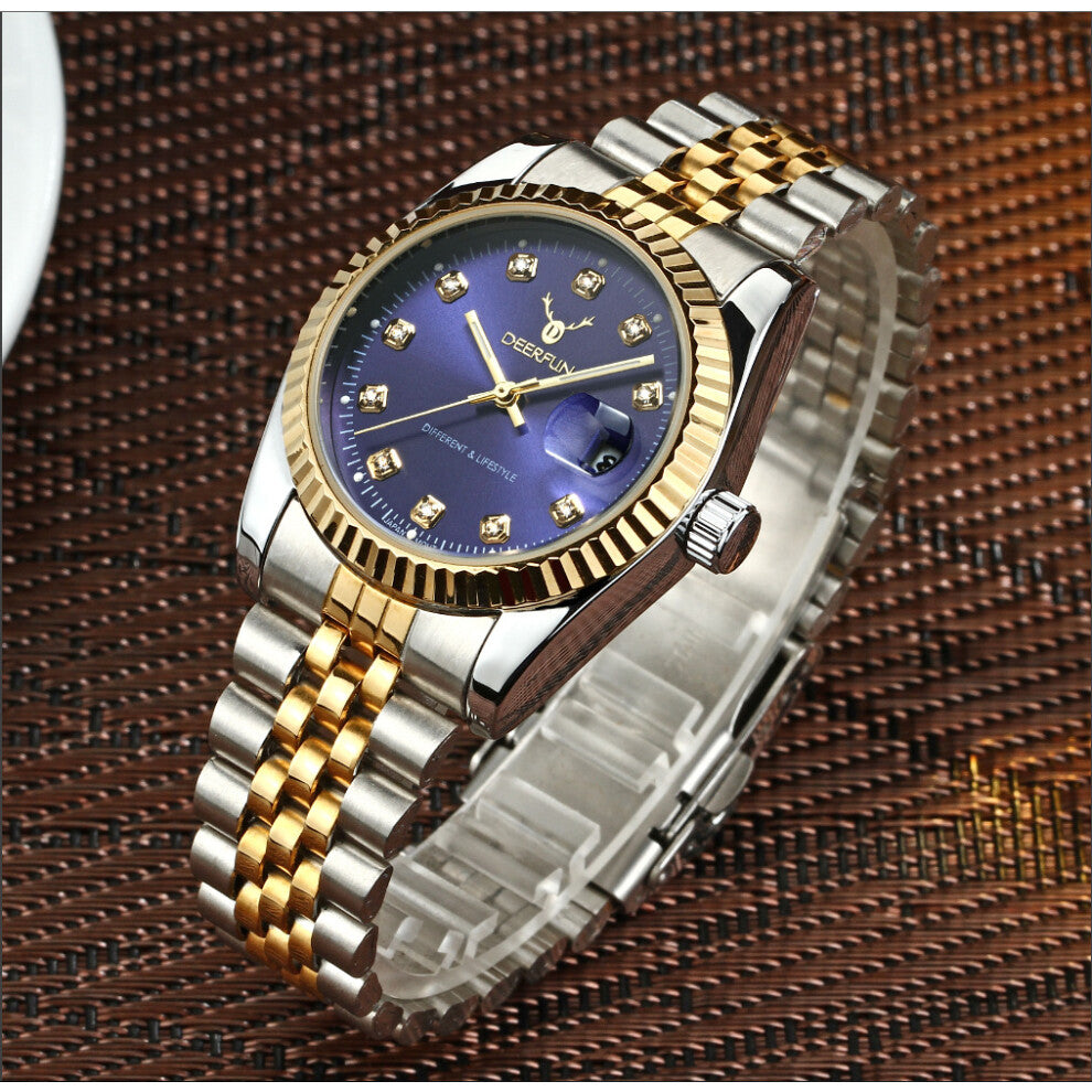 (Interlaced gold and blue) Water-steel bracelet non-mechanical business neutral popular shell dial watches