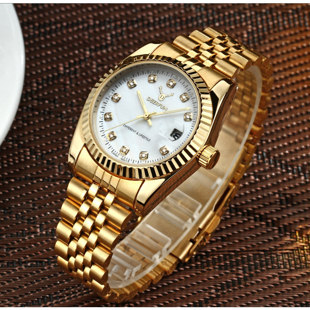 (Golden and white shell surface) Water-steel bracelet non-mechanical business neutral popular shell dial watches