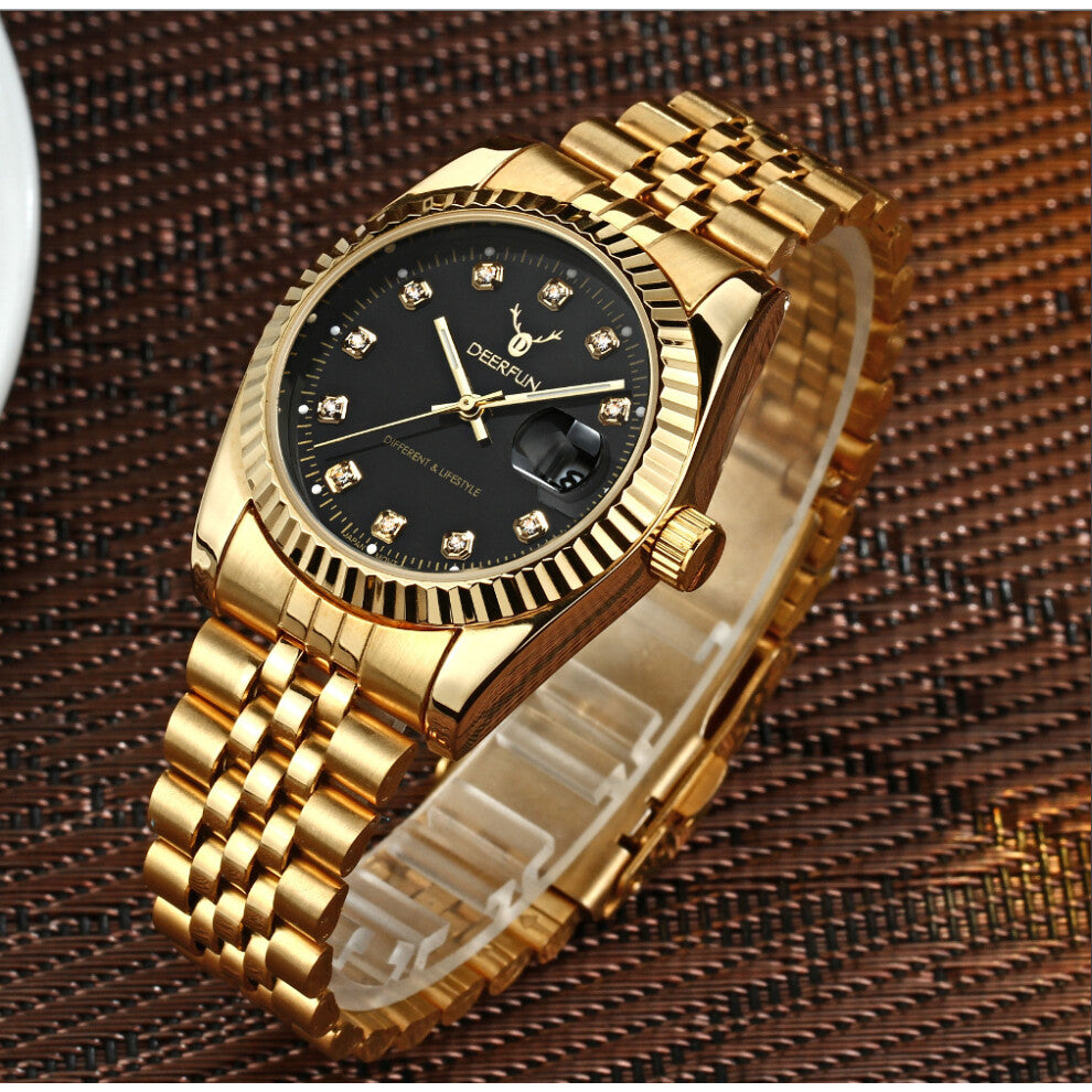 (Golden black face) Water-steel bracelet non-mechanical business neutral popular shell dial watches