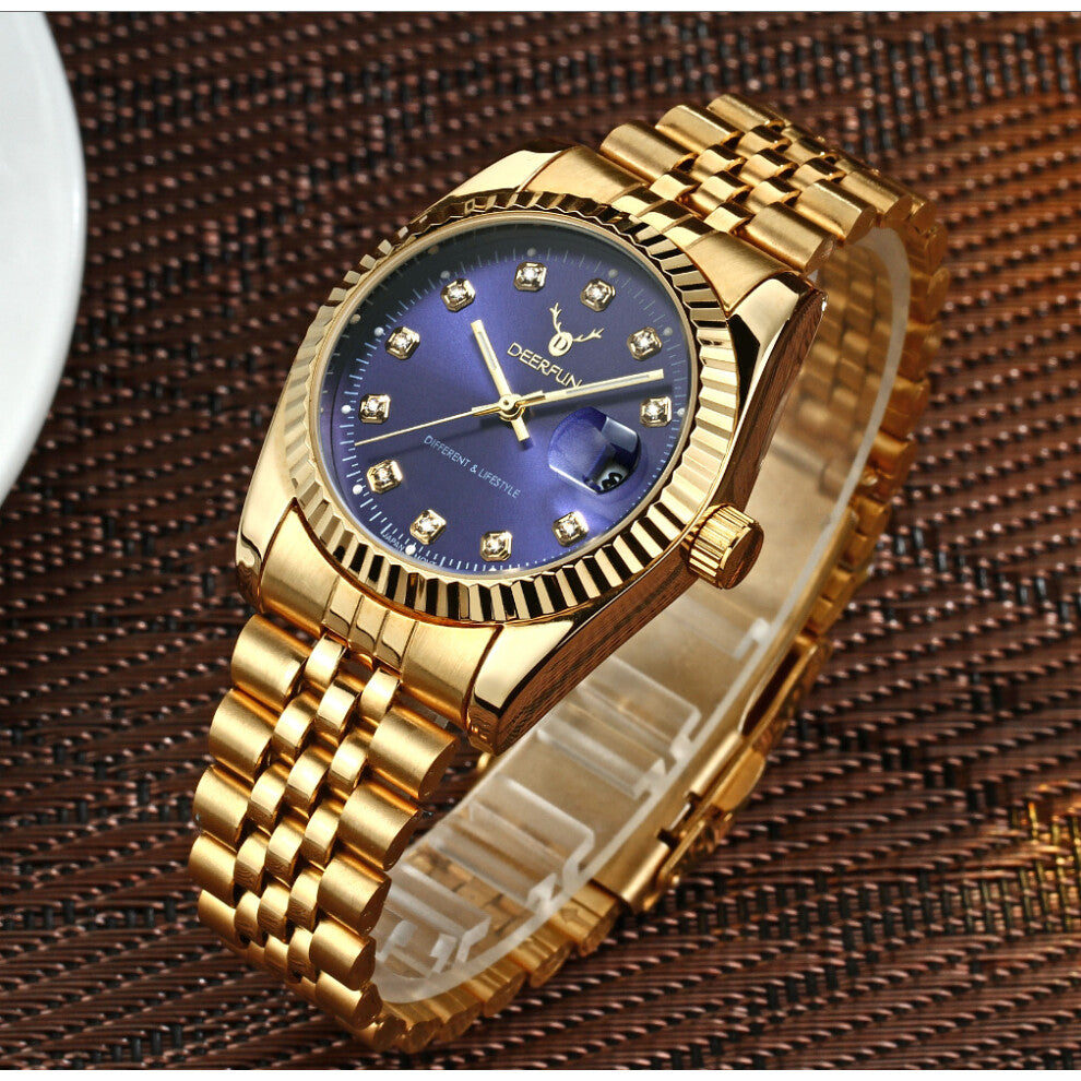 (Golden blue surface) Water-steel bracelet non-mechanical business neutral popular shell dial watches