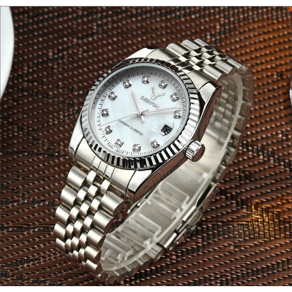 (The shell surface is silver and off-white) Water-steel bracelet non-mechanical business neutral popular shell dial watches