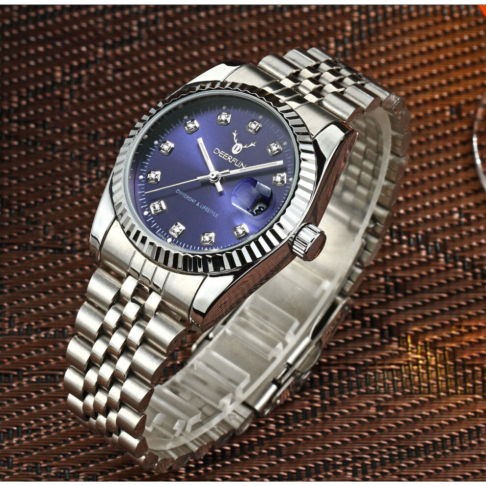 (Silver and blue surface) Water-steel bracelet non-mechanical business neutral popular shell dial watches
