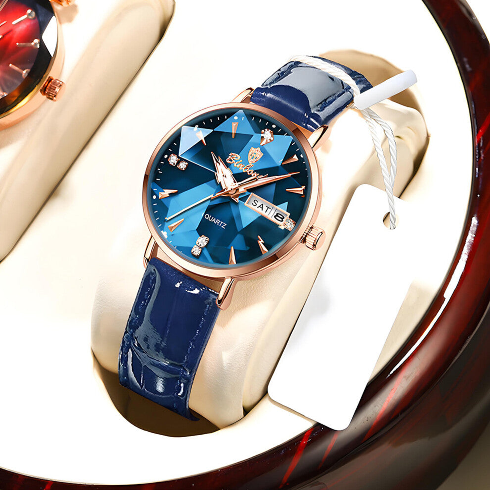 (Blue skin - rose gold - blue surface) Fashionable diamond-crystal quartz watches, Instagram-style ladies' watches