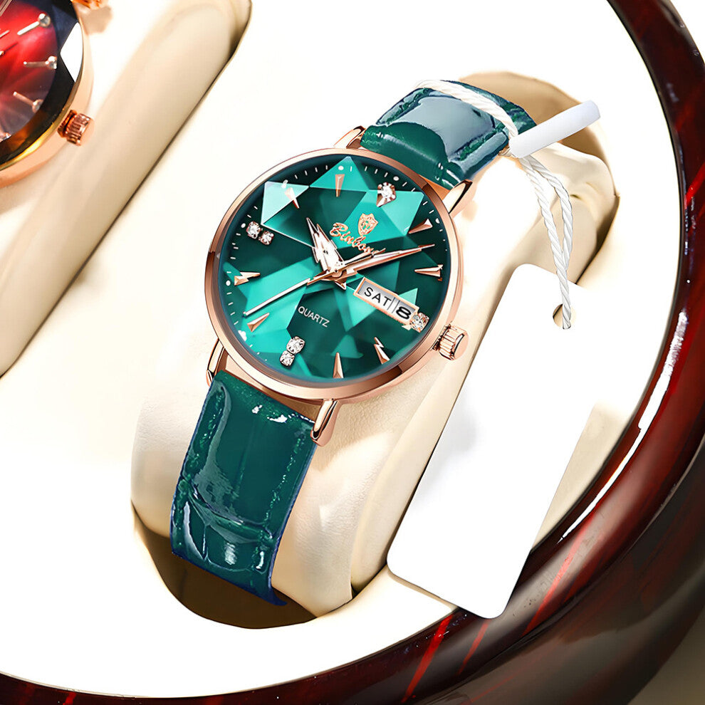 (Green skin - rose gold - green surface) Fashionable diamond-crystal quartz watches, Instagram-style ladies' watches