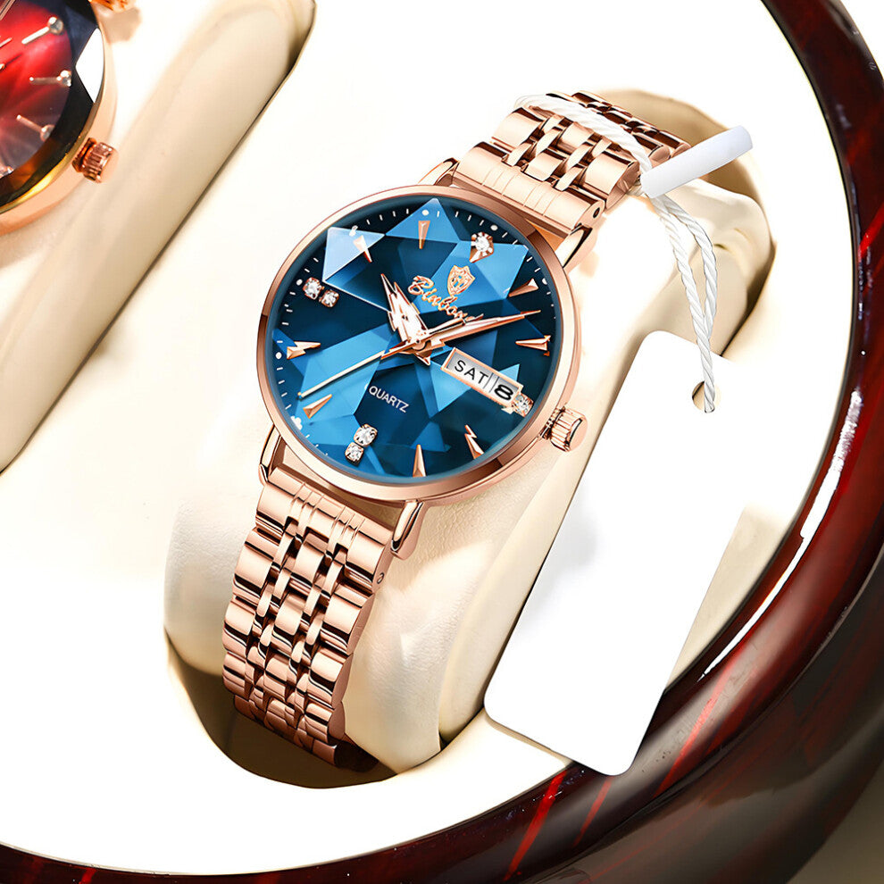 (Rose gold - blue dial) Fashionable diamond-crystal quartz watches, Instagram-style ladies' watches