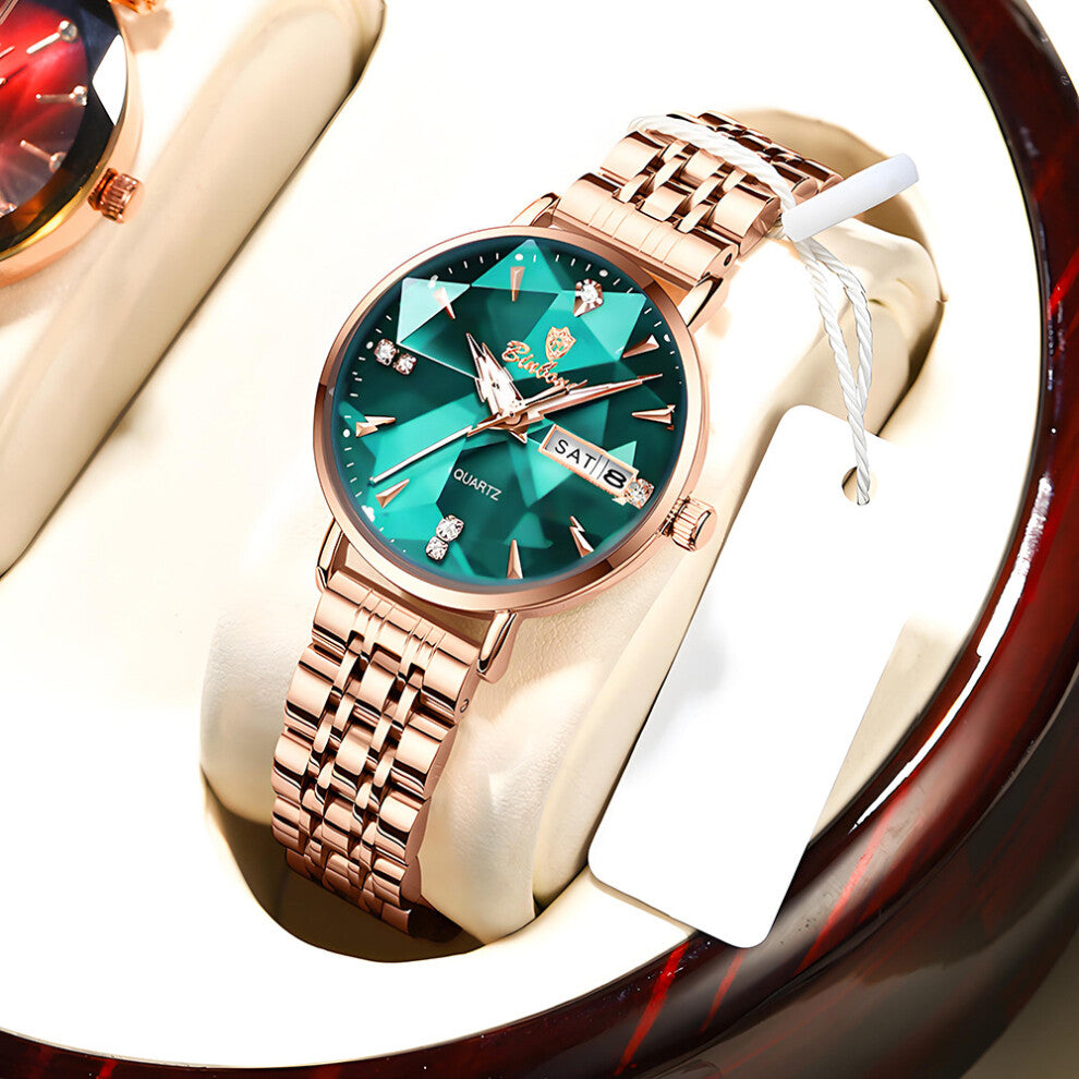(Rose gold - green surface) Fashionable diamond-crystal quartz watches, Instagram-style ladies' watches