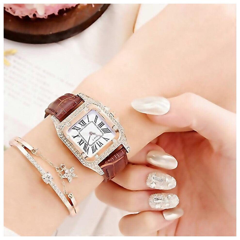 For Women Tonneau Square Strap Quartz Watch Color Brownbracelet