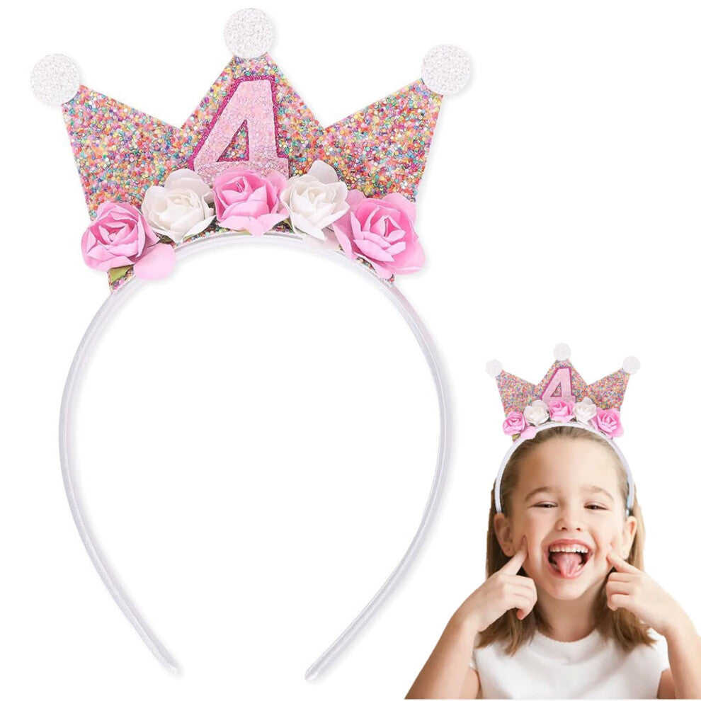 Birthday Crown Girls Princess Glitter Pink Flower Headband Children's Crown Hair Accessories 4th Birthday Decor Age 4